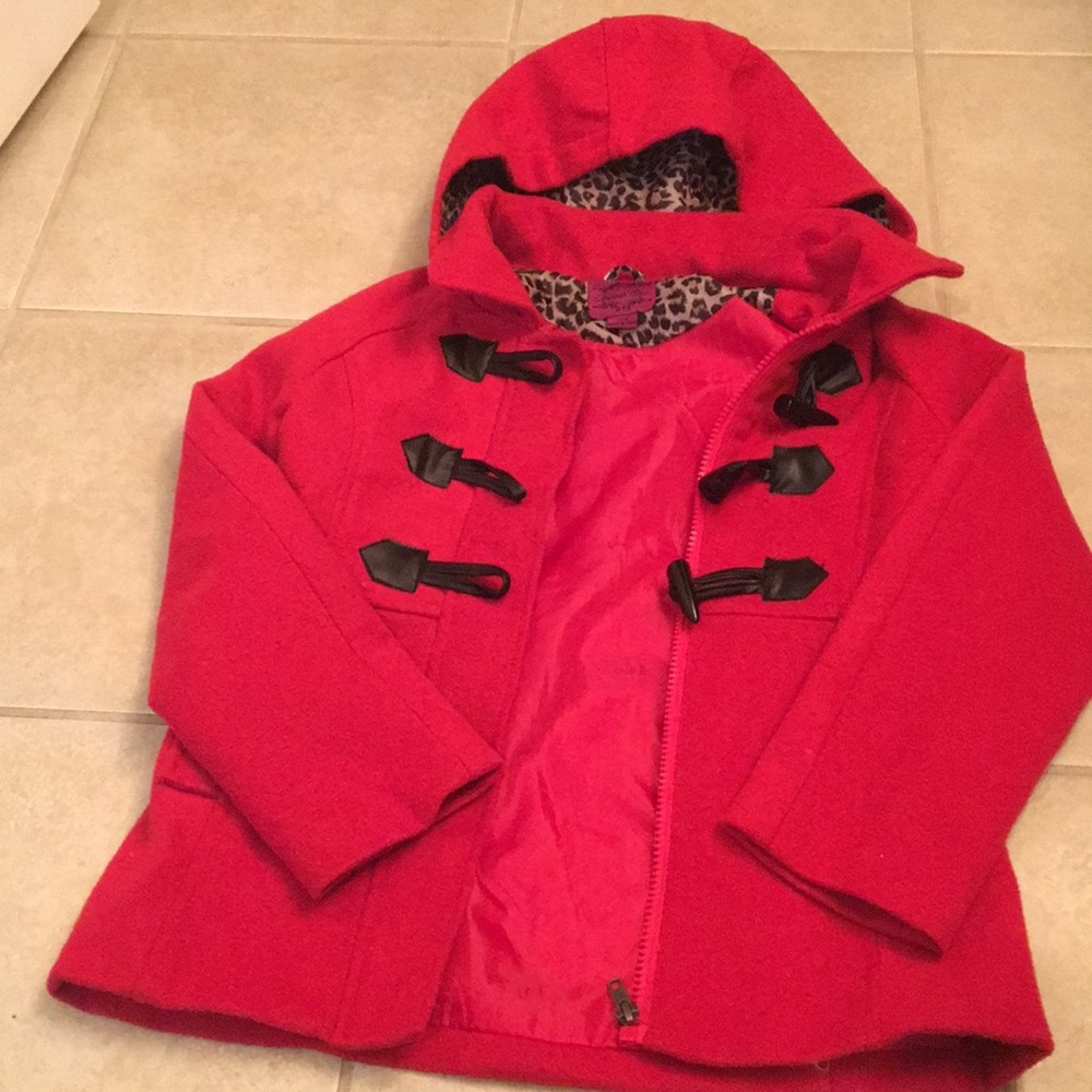 Little girls red coat with cheetah print